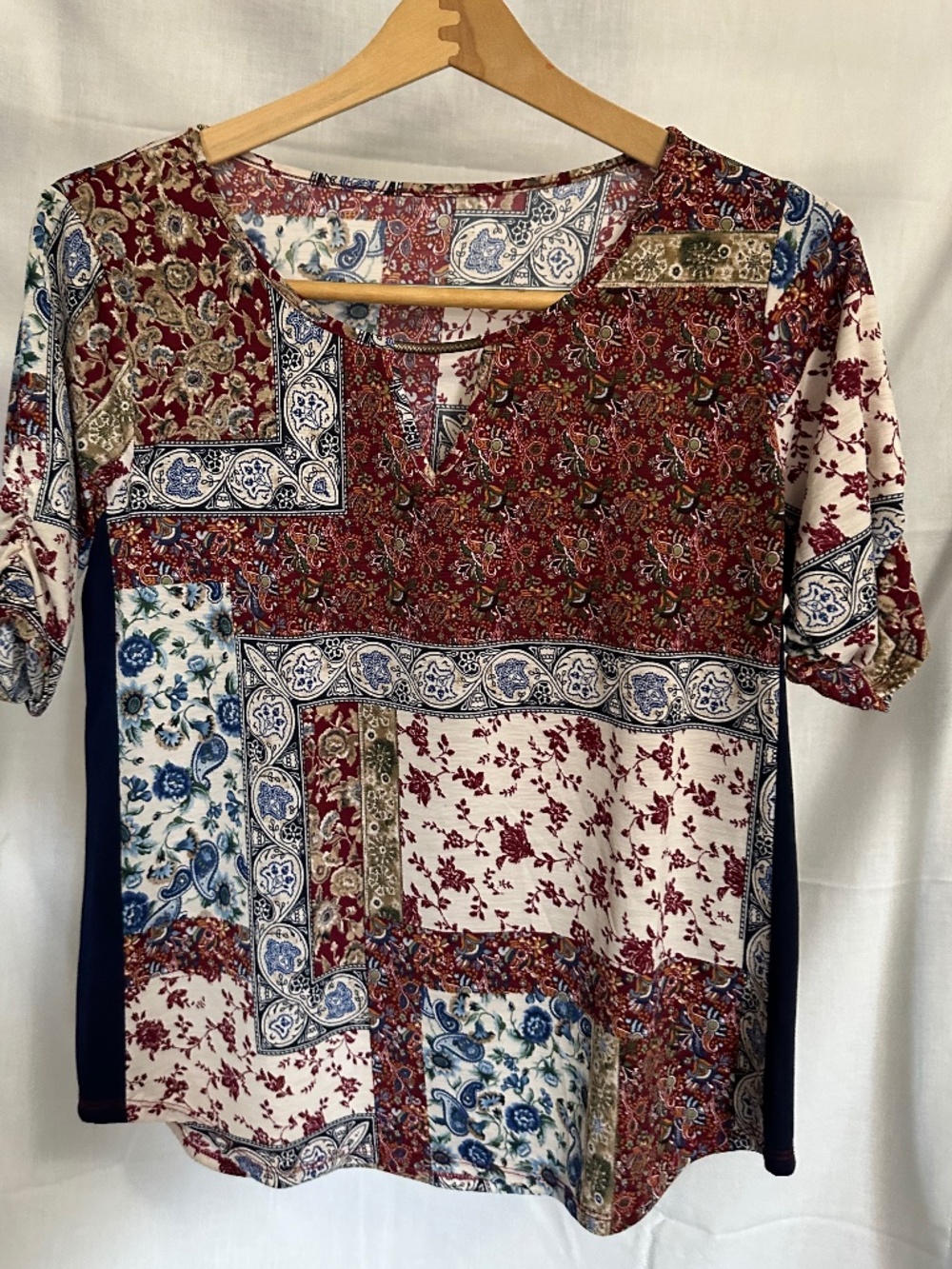 Eddie Bauer Patchwork Print Top Size M | Boho Short Sleeve Blouse